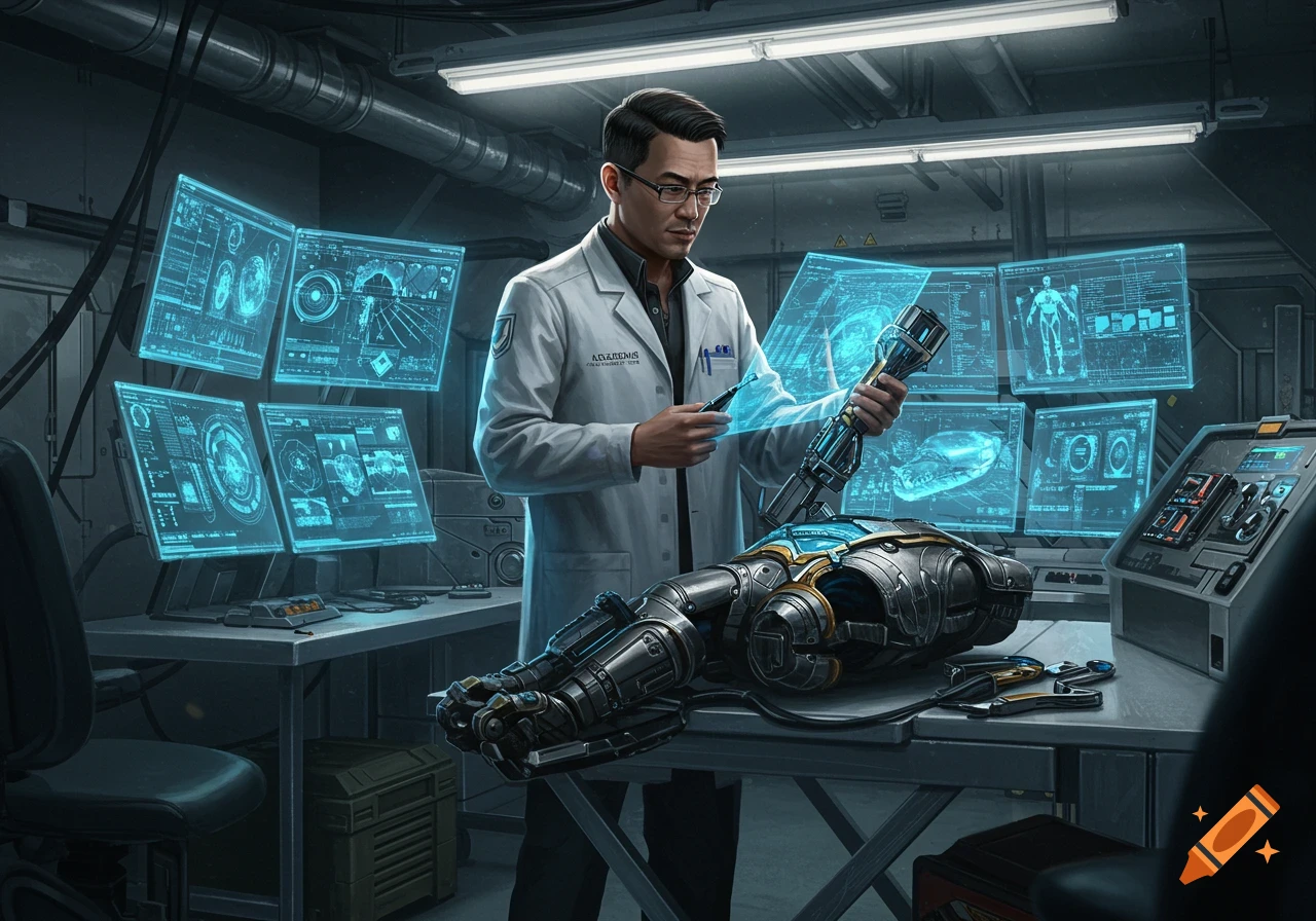 A male engineer in a lab coat works on a robotic arm in a futuristic lab with holographic screens displaying data.