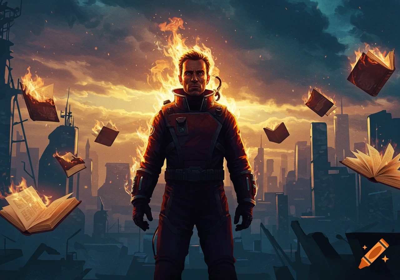 A man in a dark suit stands amidst flames and floating burning books, against a fiery sunset over a dystopian cityscape.