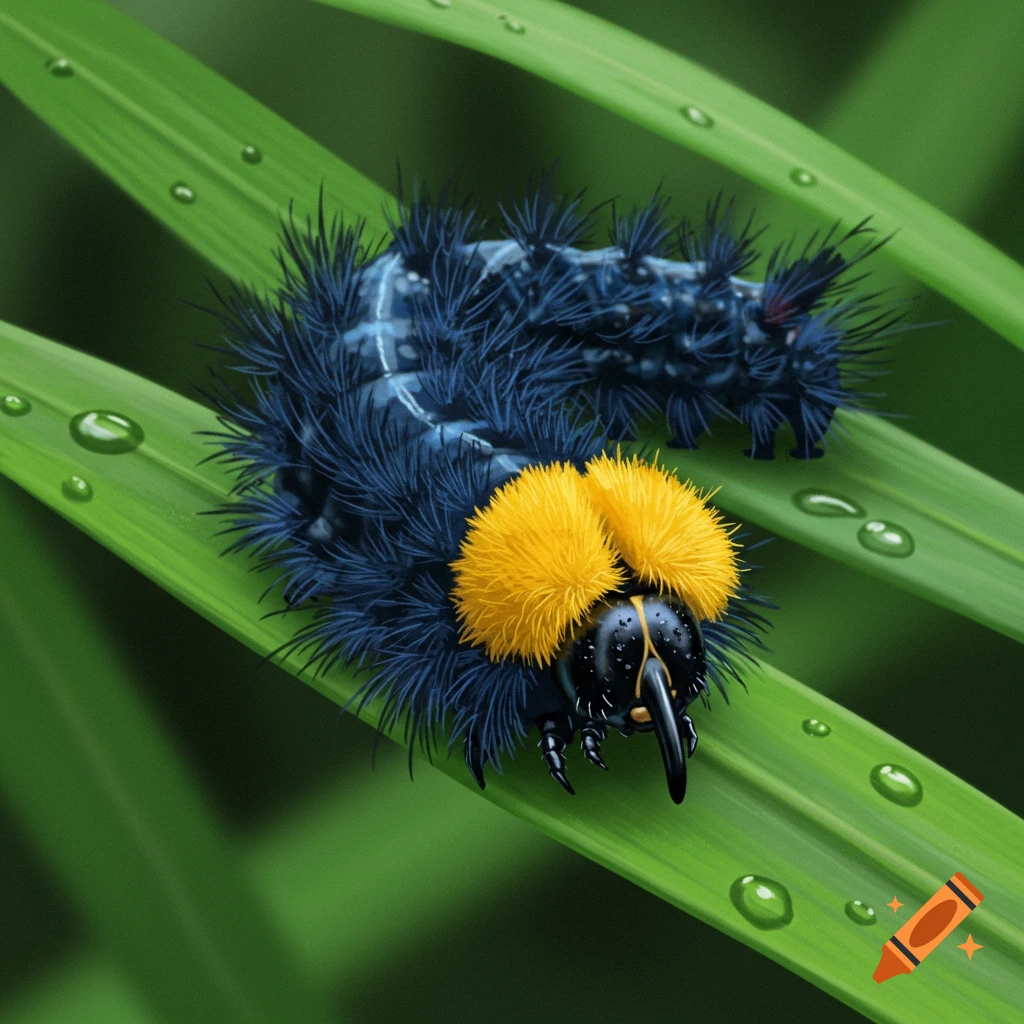 Detailed illustration of a fuzzy dark blue and black caterpillar with a fuzzy yellow head and a weevil proboscis on a green leaf with water droplets.
