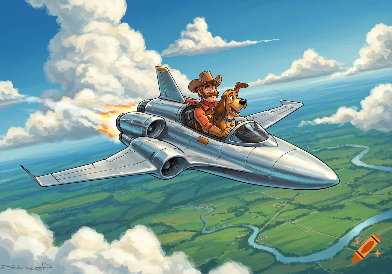Cartoon man in a cowboy hat and a dog flying a silver jet high above a green landscape with clouds.