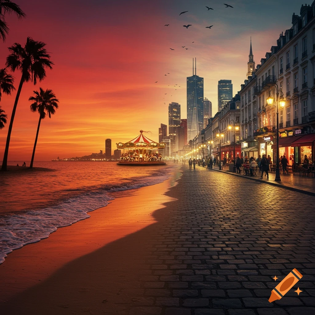 A vibrant sunset over a surreal landscape featuring a beach with palm trees, an ocean carousel, a cobblestone street, and modern skyscrapers.