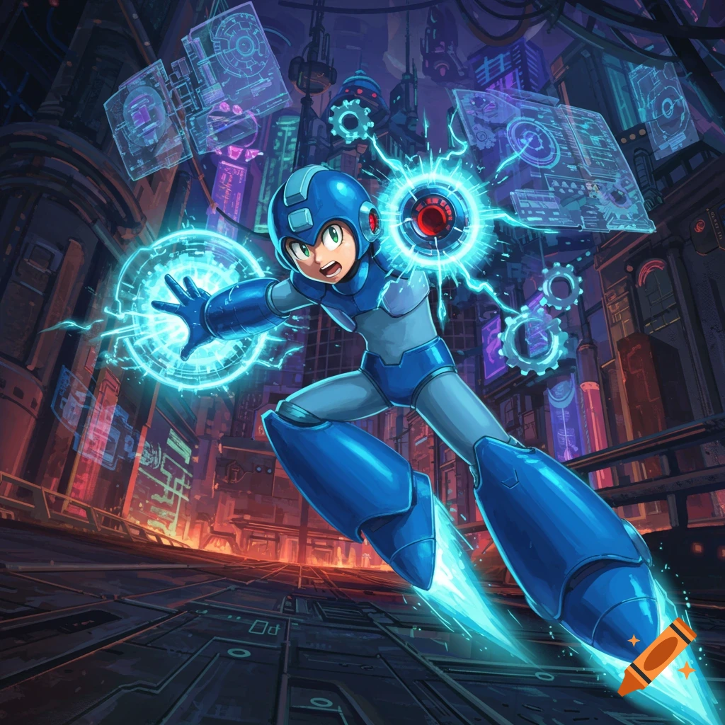Mega Man in a dynamic pose, activating his Double Gear ability amidst a futuristic, neon-lit city with holographic displays.