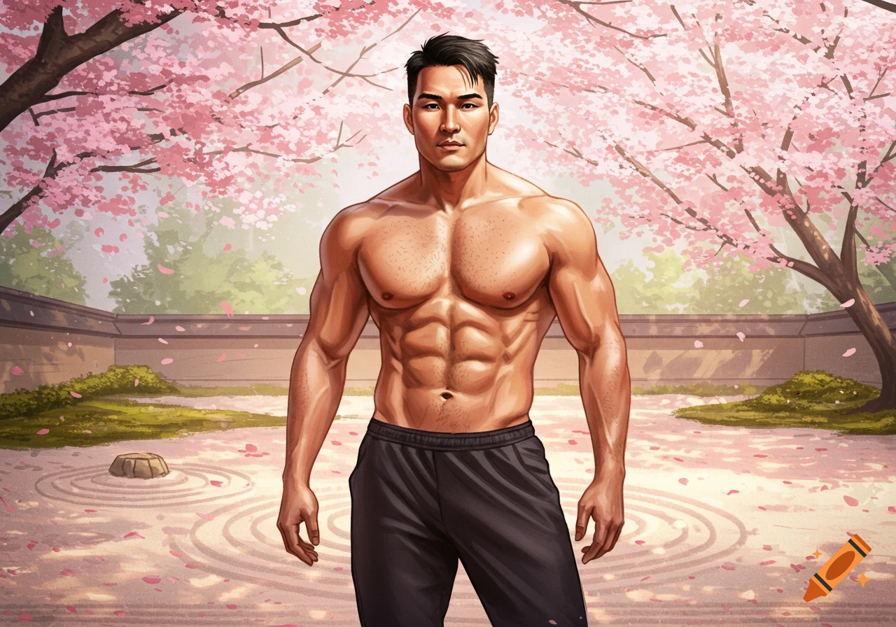 Shirtless muscular Asian man with a hairy chest stands in a Japanese garden with pink cherry blossoms, illustration.