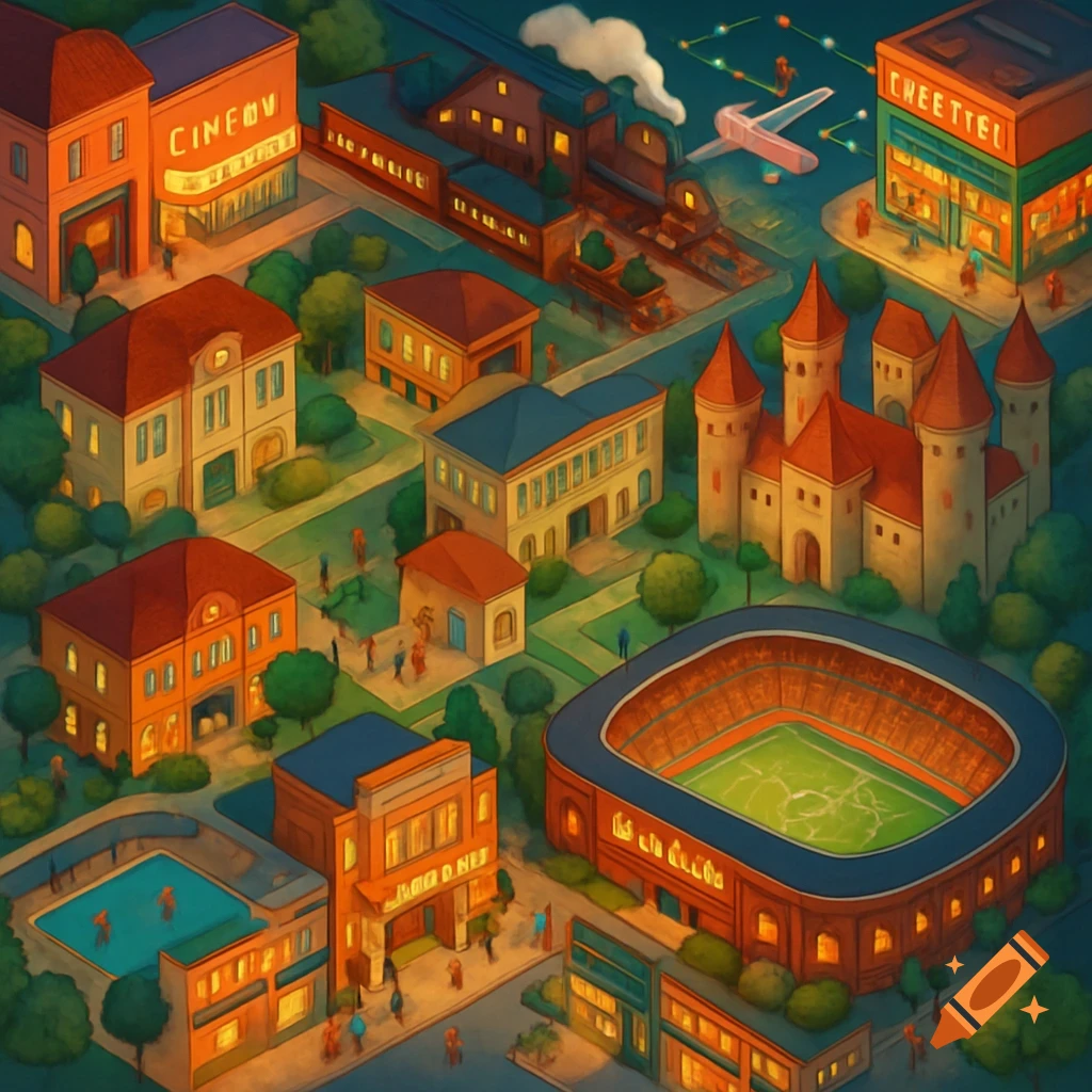 A colorful isometric cartoon map of a town with buildings like a cinema, castle, stadium, swimming pool, train station, and shops at night.