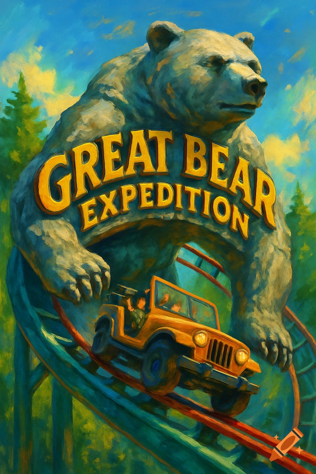 Painterly illustration of a stone bear statue arching over a rollercoaster track with a jeep on it, text 'Great Bear Expedition' on the bear.