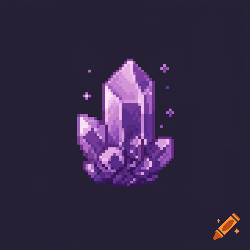 A pixel art illustration of a glowing purple crystal cluster against a dark background.