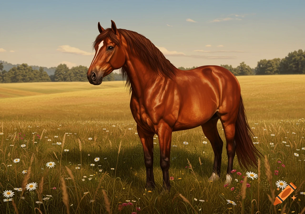 A brown horse with a white blaze stands in a sunny, wildflower-filled meadow with trees in the background.