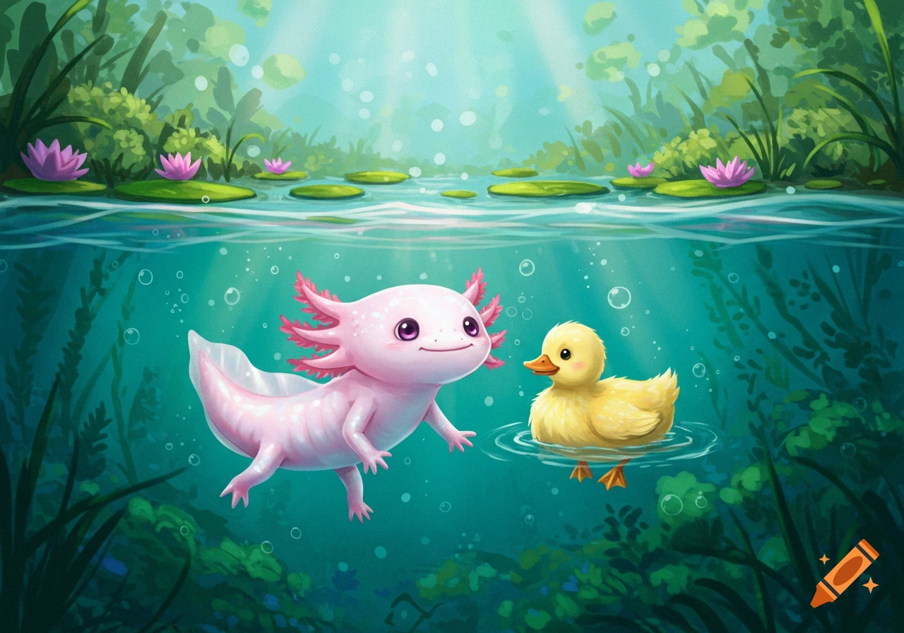 A cute pink axolotl underwater looking at a yellow duck floating on the water's surface amidst lily pads in a clear pond.