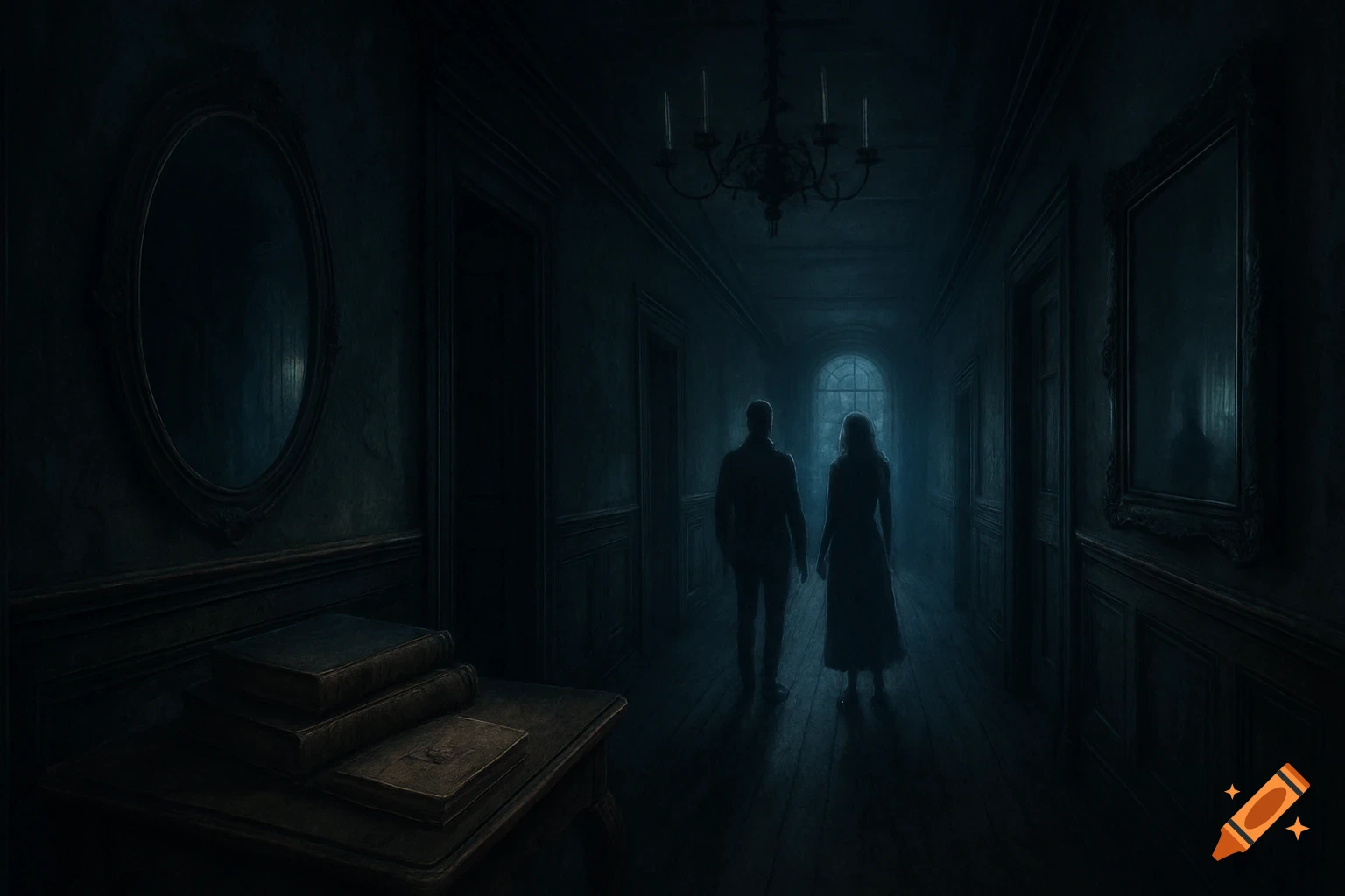 Two figures walk down a dark, eerie hallway in an old estate with a chandelier and mirrors, in a painterly, gothic style.