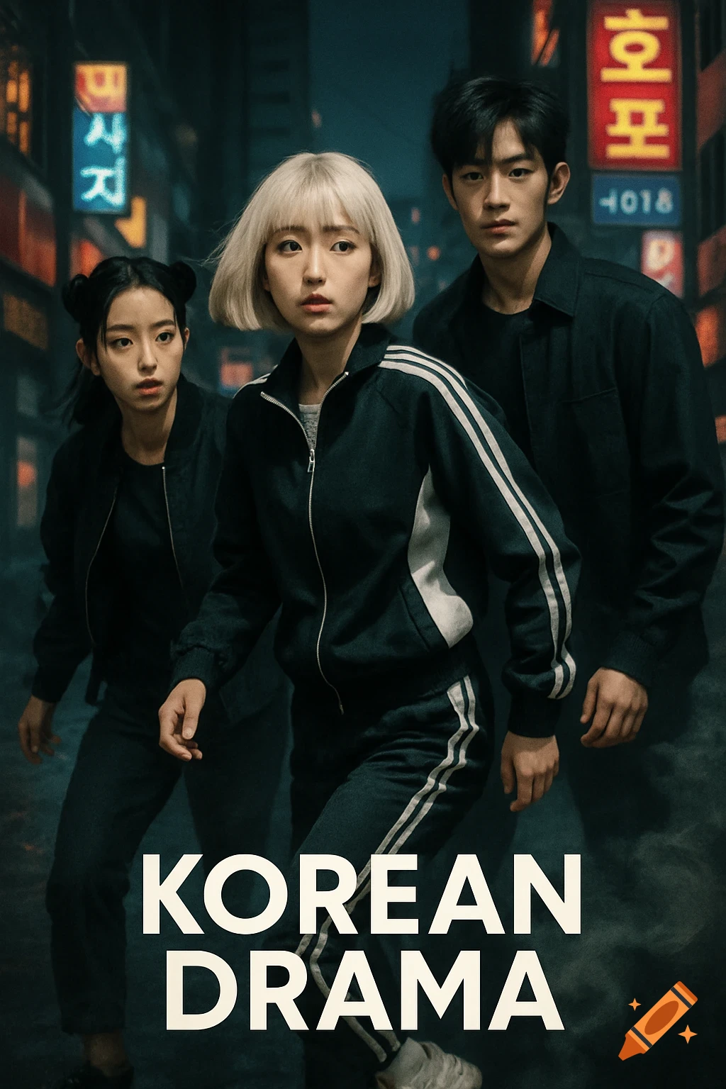 A poster for a Korean drama, featuring three young adults in dark tracksuits looking determined in a smoky, neon-lit city street.