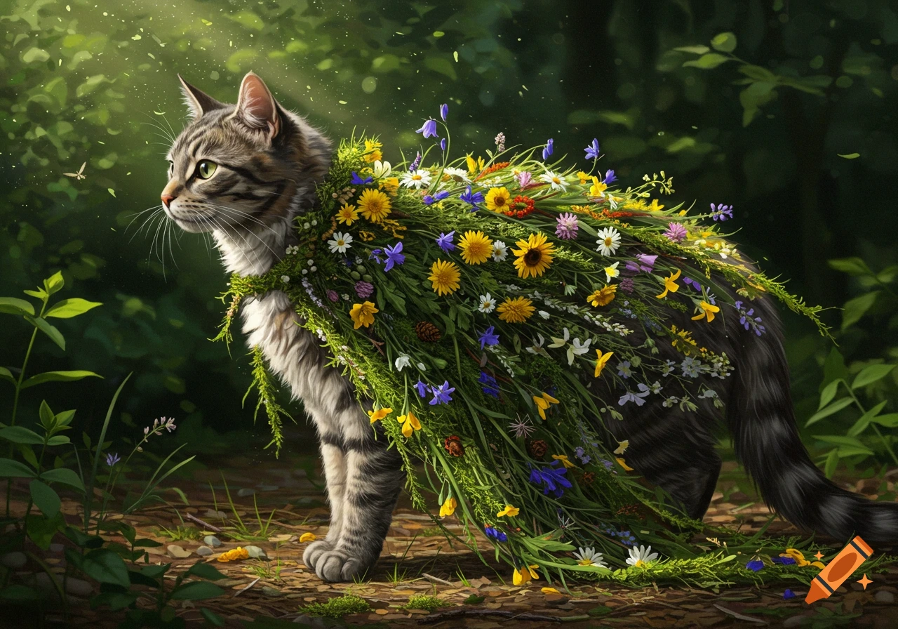 A tabby cat wearing a flowing cape of colorful wildflowers and green foliage stands in a sunlit forest.