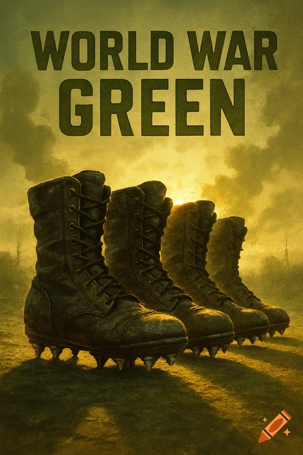 Four military boots with cleats standing backlit against a hazy green sky, with 'WORLD WAR GREEN' text above.