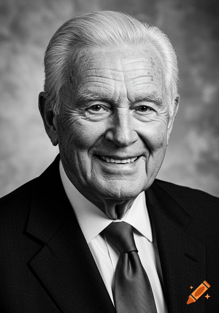 Black and white photorealistic portrait of a smiling elderly man in a suit and tie.