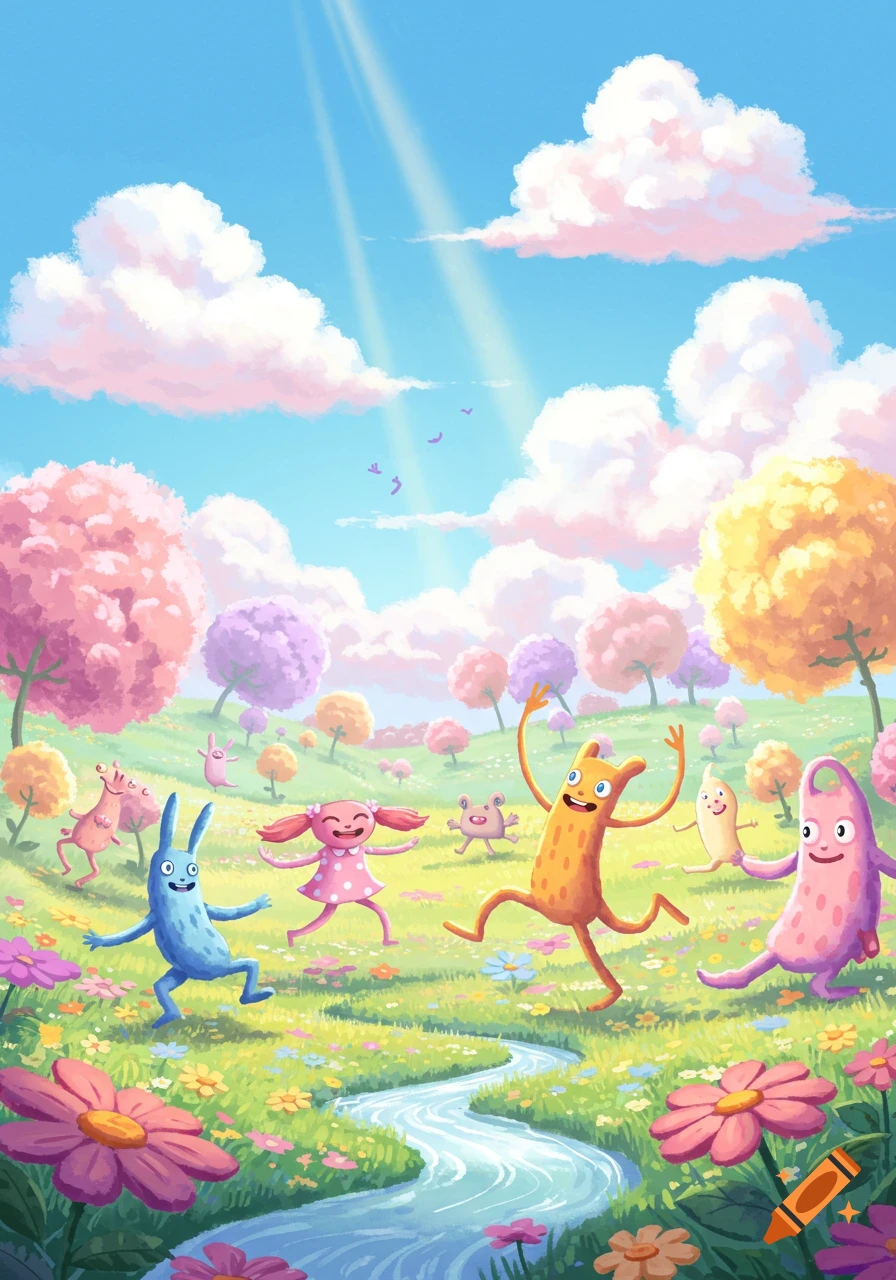 Vibrant illustration of whimsical, colorful cartoon creatures dancing in a sunny, flowery meadow with pastel trees, under a blue sky.