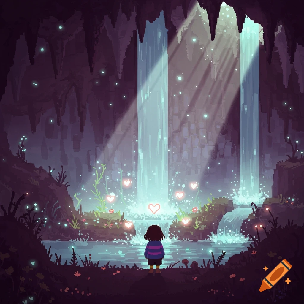 A small figure stands facing glowing pixel art waterfalls in a dark cave, surrounded by hearts and plants.