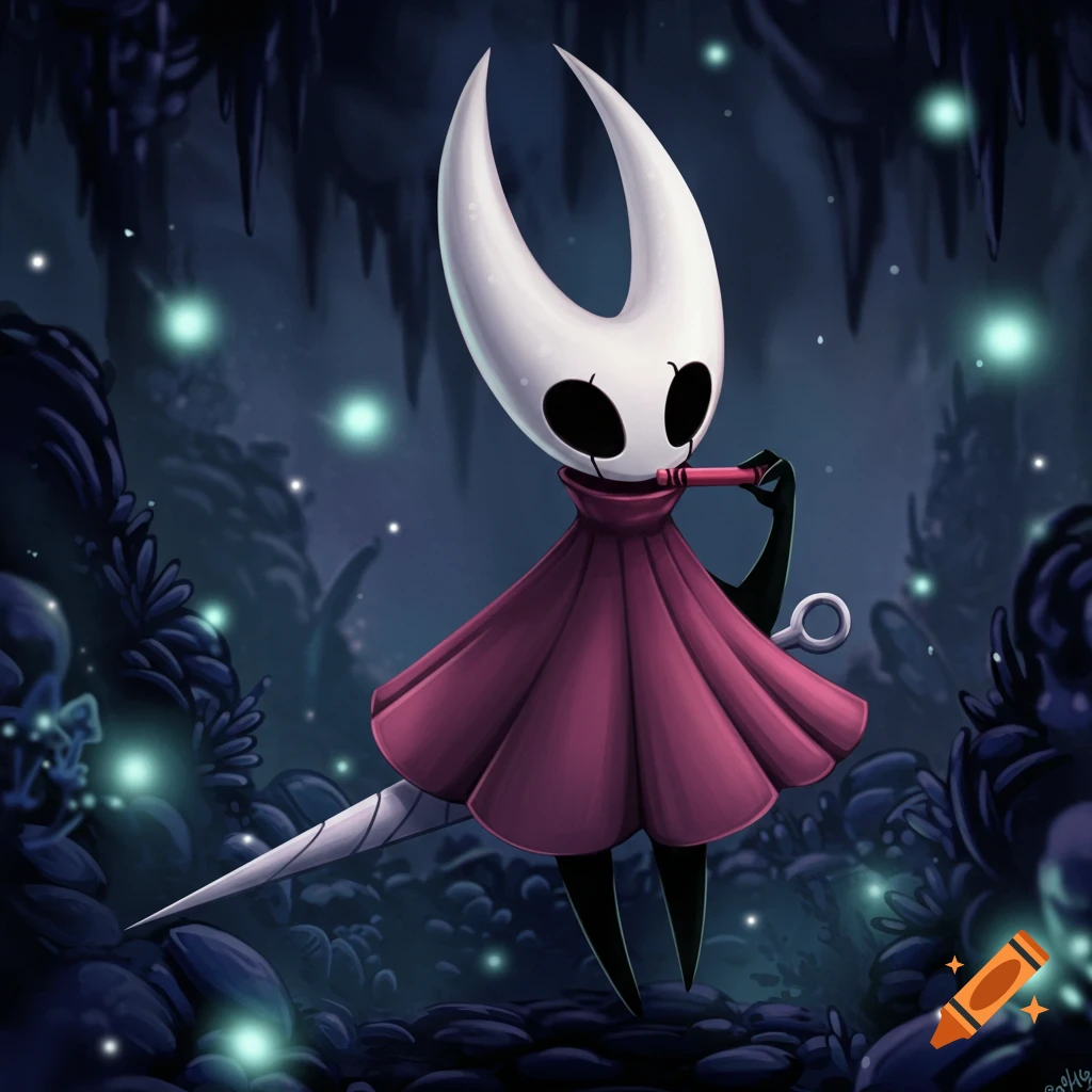 Hornet from Hollow Knight, with white mask and pink cloak, standing in a dark, glowing cave while eating a pink crayon.