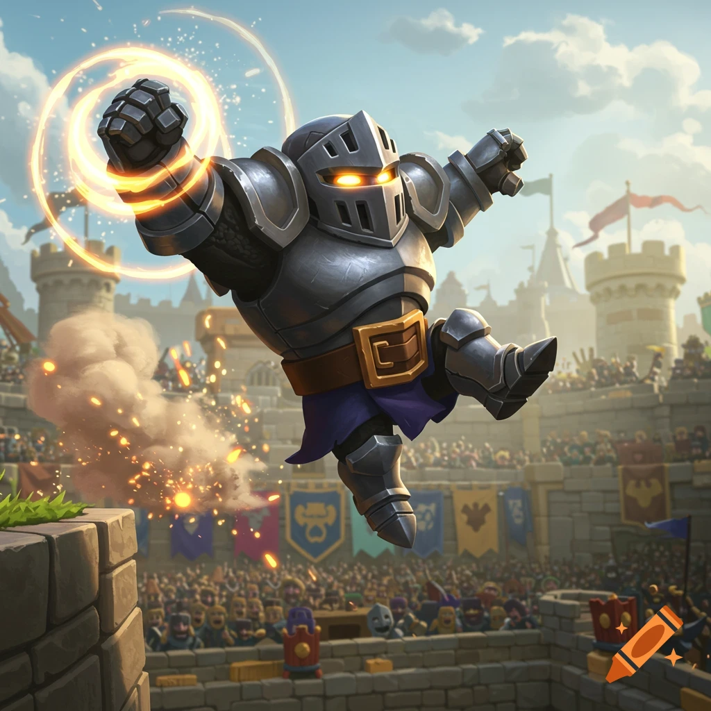 A cartoon Mega Knight from Clash Royale, armored, leaps in a medieval arena with glowing fists and sparks.