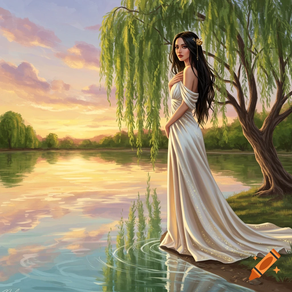 A beautiful woman with long dark hair in a white dress stands by a lake at sunset, under a willow tree, in an artistic painting style.