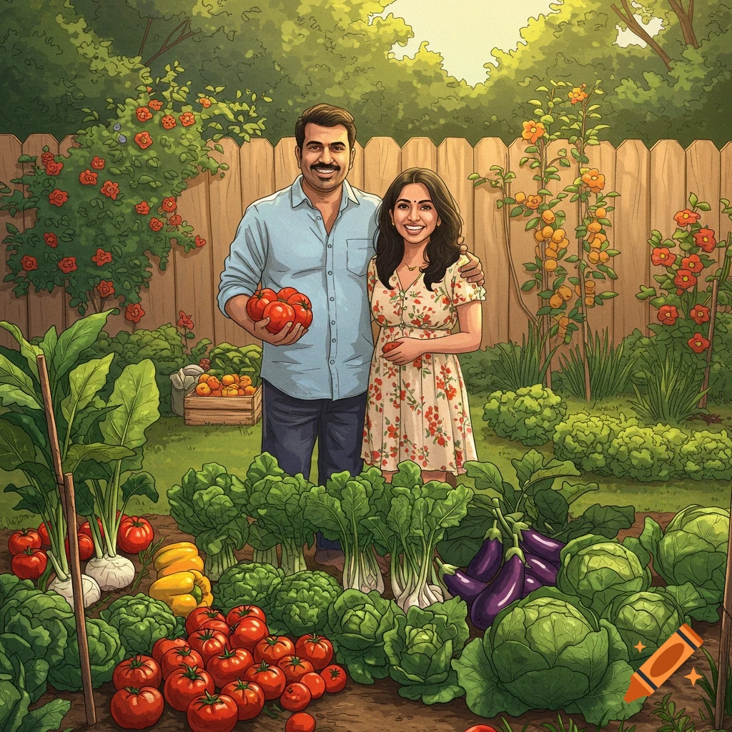 A smiling couple, a man and a woman, stand in a vibrant cartoon backyard garden, holding freshly harvested tomatoes and other vegetables.