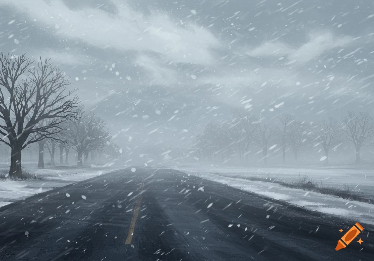 A desolate road covered in snow during a heavy snowfall, flanked by bare trees under a cloudy sky.