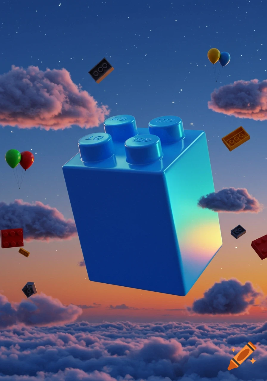 A giant blue Lego brick floats amidst clouds and smaller Lego pieces in a colorful sky with balloons.