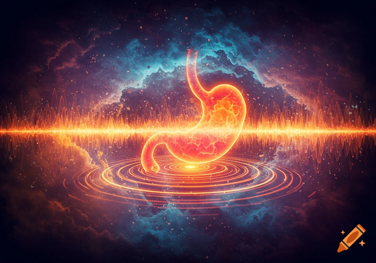 A glowing, vibrant stomach floats in a cosmic environment with pulsating orange energy waves and ripples.