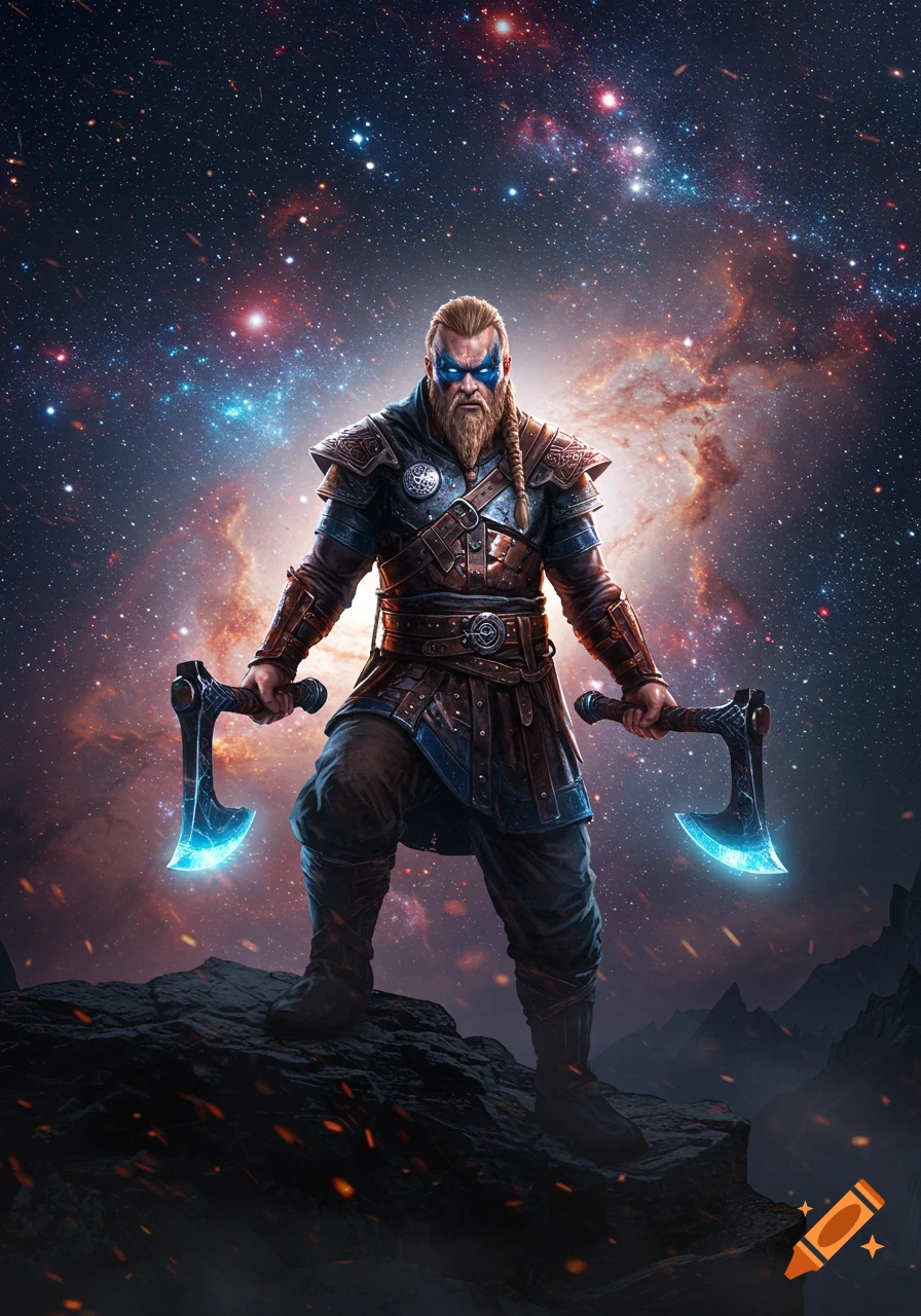 A muscular Viking warrior with a beard and war paint stands on a rocky cliff, holding two glowing blue axes against a cosmic nebula background.
