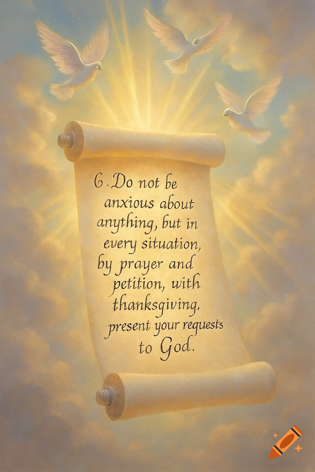 A glowing scroll with a Bible verse, 'Do not be anxious about anything...', surrounded by three white doves in a cloudy sky.