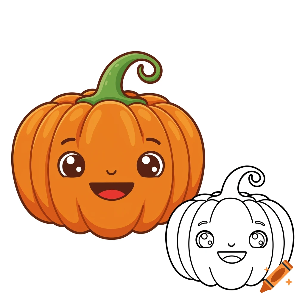 A cute cartoon orange pumpkin with a smiling face next to a black-and-white line art version of the same pumpkin.