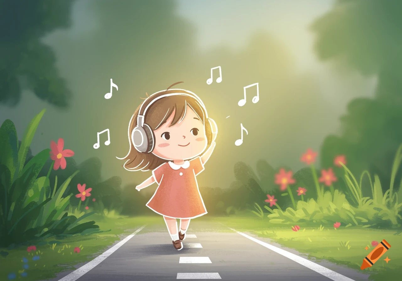 Cute cartoon girl with headphones walks on a road, musical notes around her, in a minimalist children's illustration style.