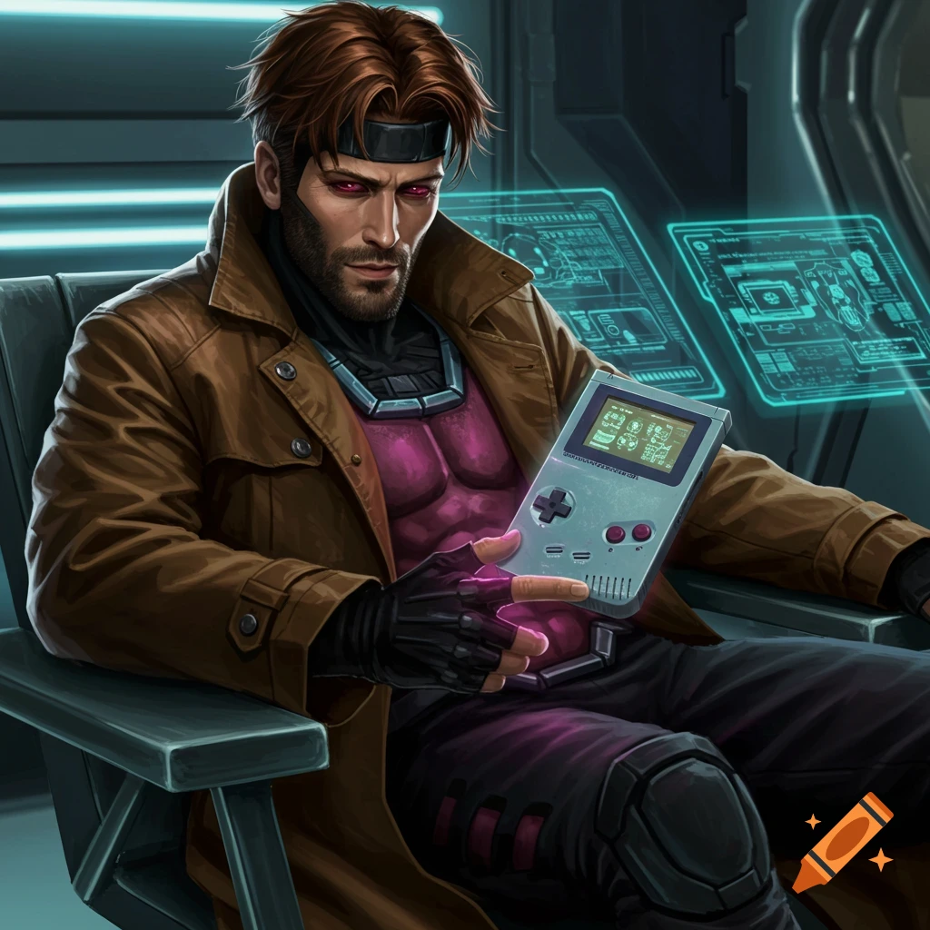Gambit from X-Men, a bearded man with red eyes, in a trench coat, playing a Nintendo Game Boy in a futuristic room.