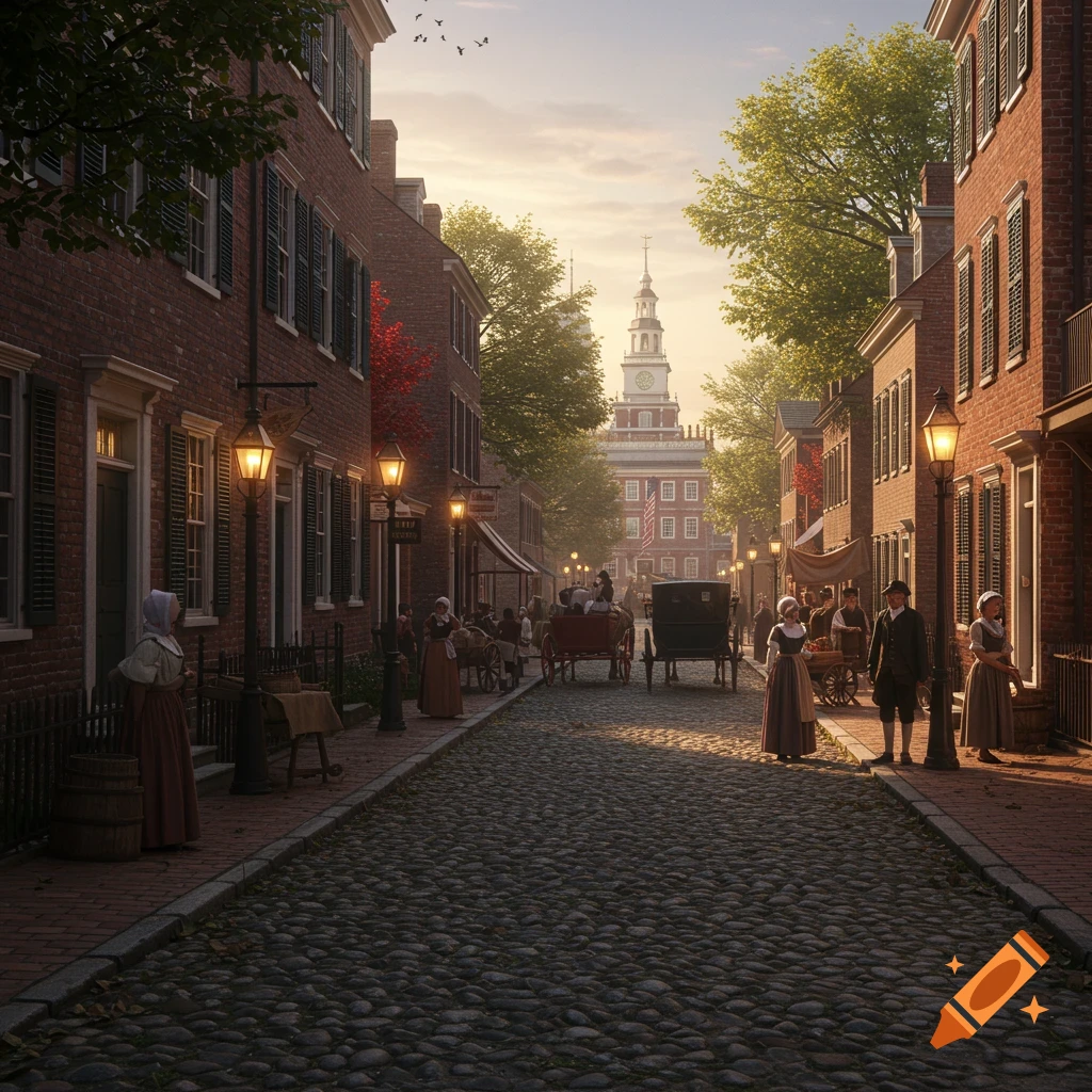 A colonial-era cobblestone street in Philadelphia at sunset, with brick buildings, people in period attire, and a distant clock tower.