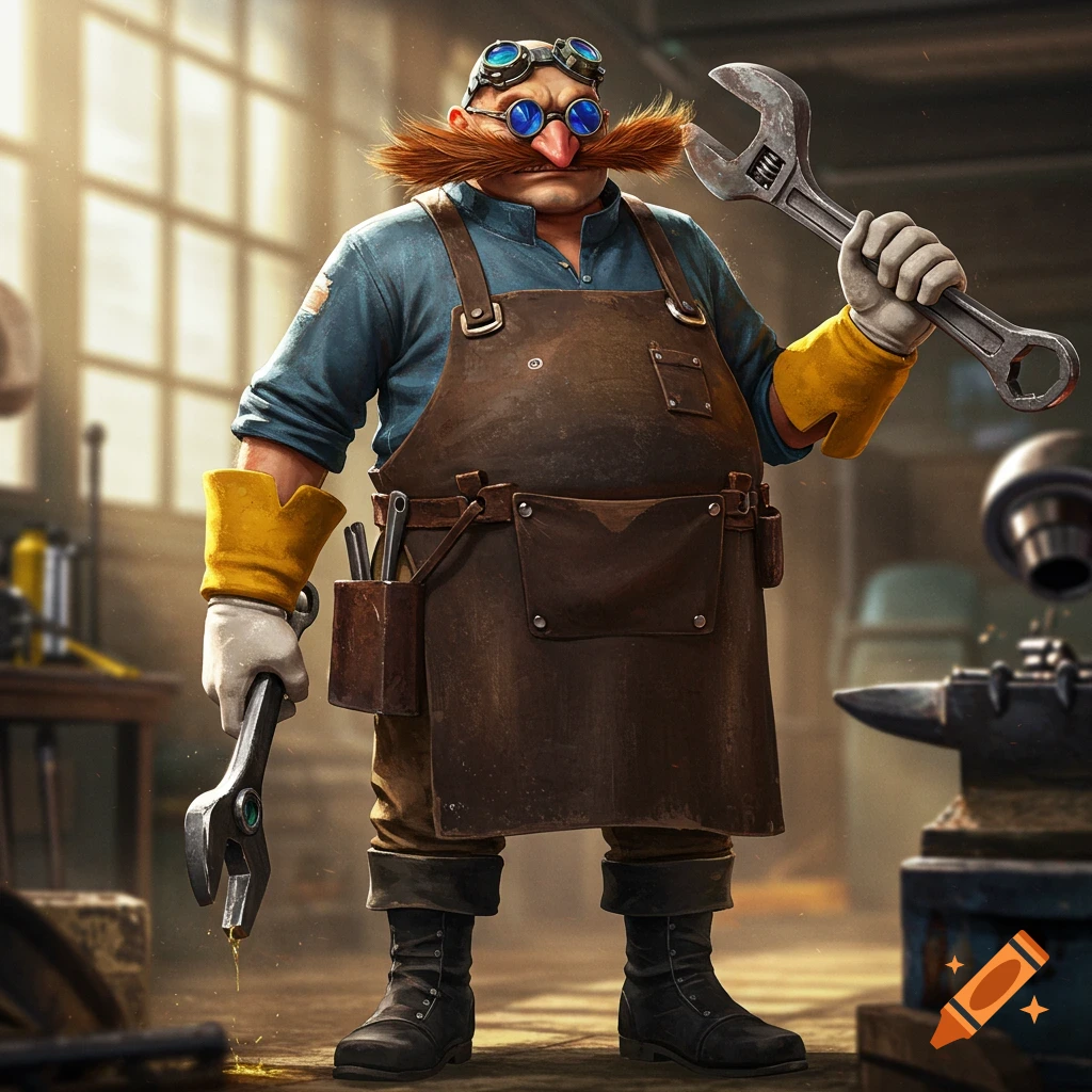 A photorealistic Dr. Eggman in a workshop, wearing an apron and goggles, holding wrenches.