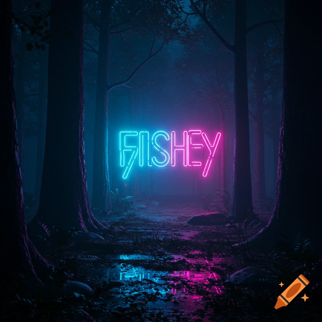A neon sign spelling "FISHEY" glowing blue and pink in a dark, misty forest, reflecting in puddles on the ground.