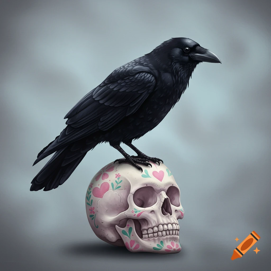 A stylized black crow perches on a white skull decorated with pink hearts and floral patterns, against a gray background.