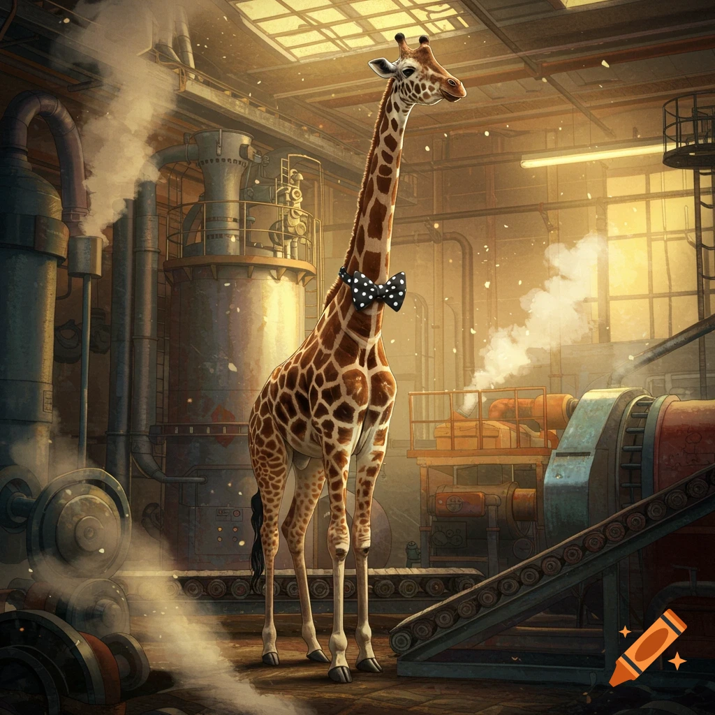 A giraffe wearing a polka dot bowtie stands in a detailed, steamy industrial factory with large machinery.