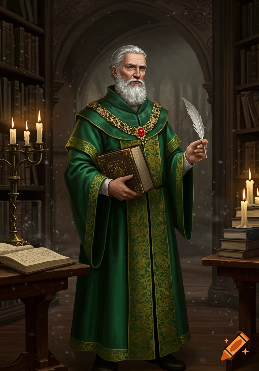 A medieval librarian with a white beard, wearing a green and gold robe, holds a large book and a quill in a dimly lit library.