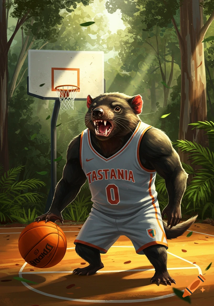 A cartoon Tasmanian devil in a grey basketball jersey dribbles a ball on a court in a sunny forest.