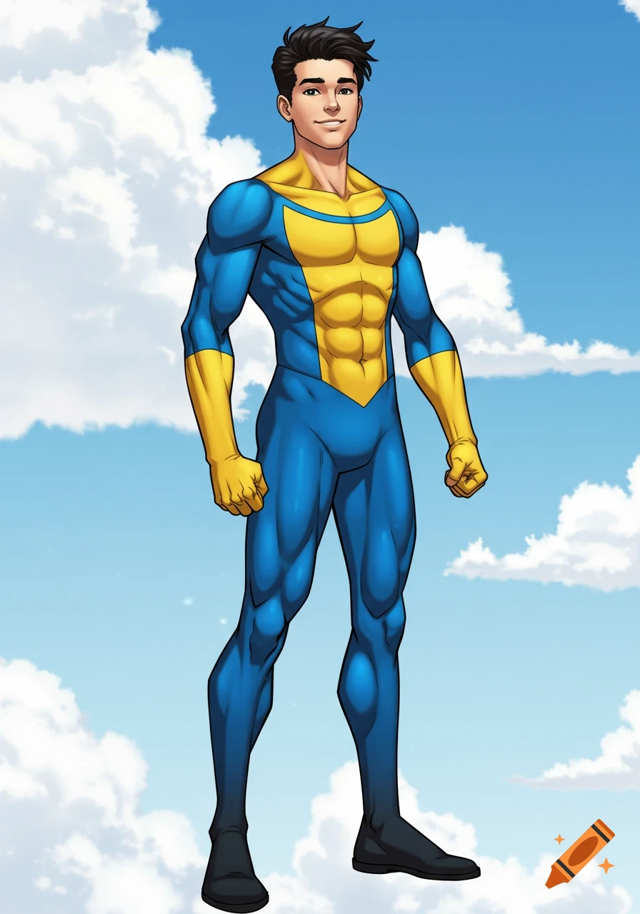 Cartoon male superhero in a blue and yellow suit, standing confidently against a blue sky with clouds.