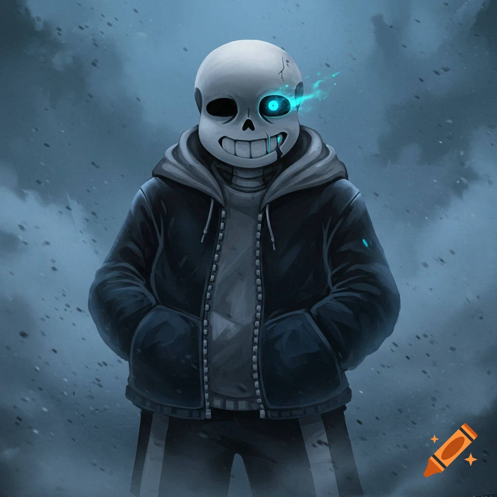 Digital illustration of Dust Sans from Undertale, a skeleton character with a glowing blue eye, wearing a dark hoodie in a misty setting.