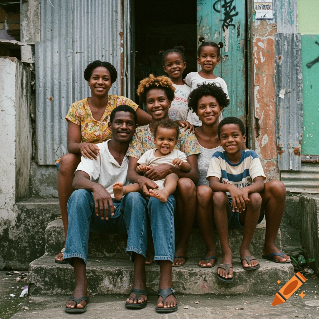 A large Black family, including several children and adults, smiling while sitting on concrete steps in front of a house.