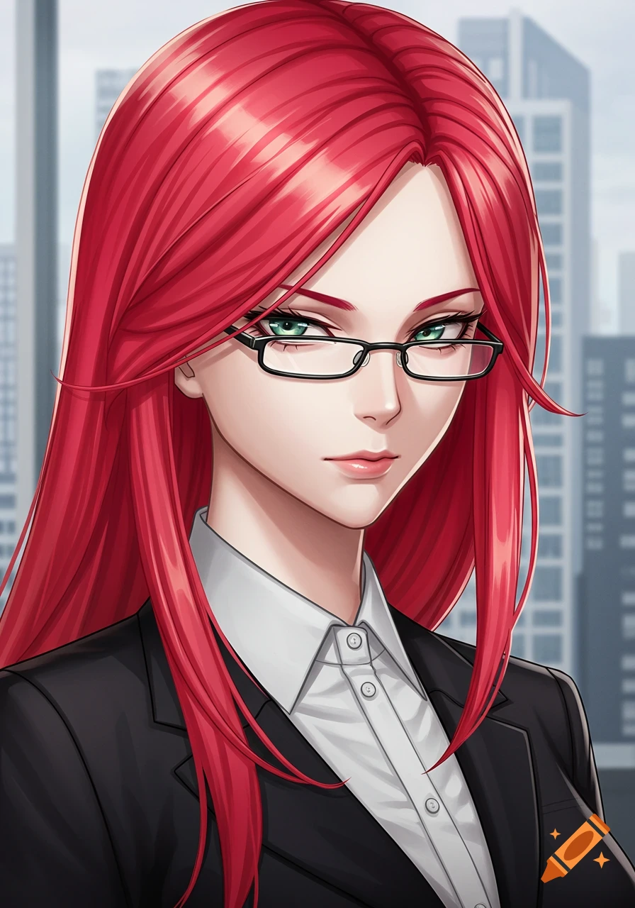 Anime girl with long red hair, green eyes, and glasses in a black suit and white shirt, serious expression, with city buildings in the background.