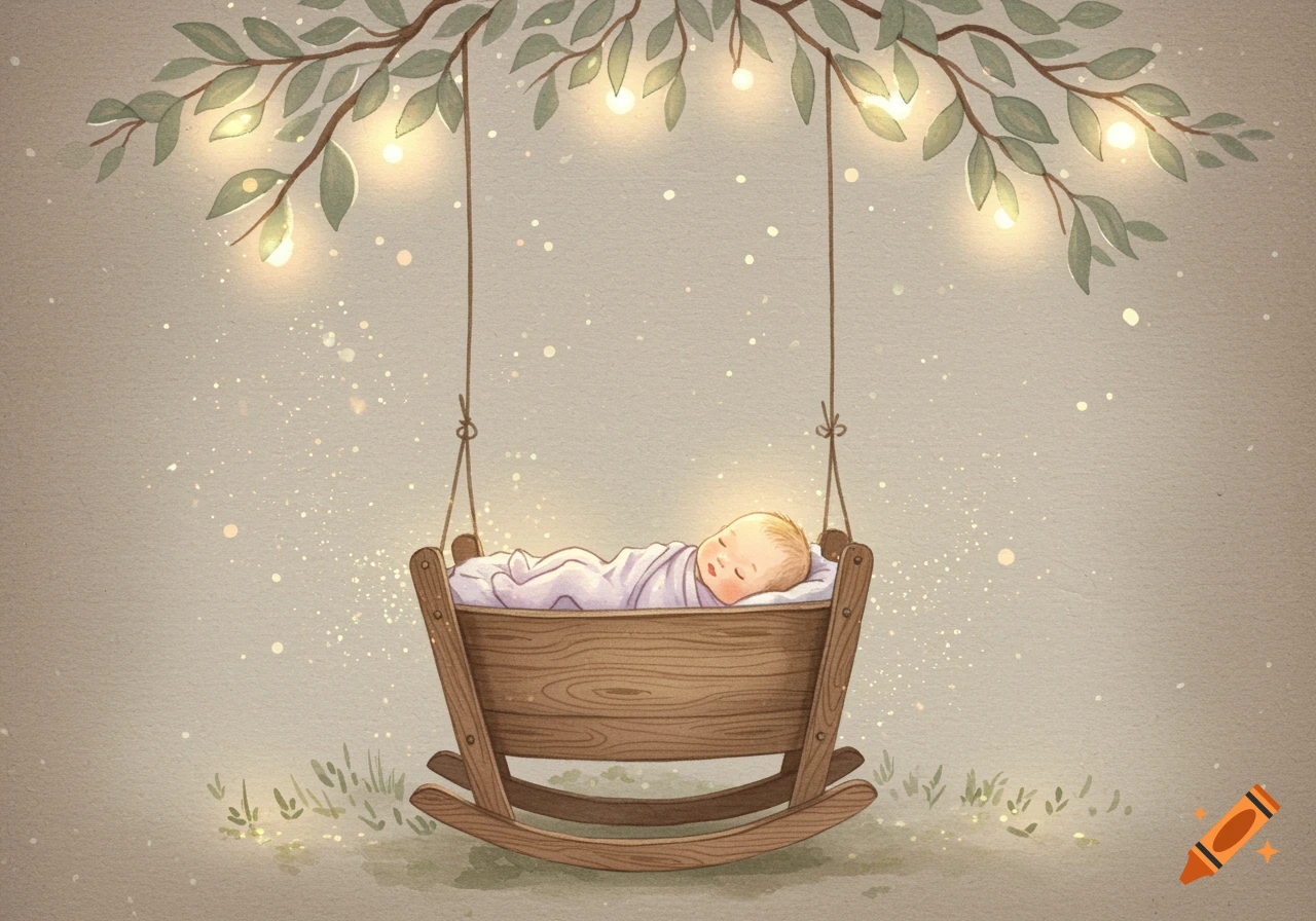 A watercolor illustration of a sleeping baby in a wooden cradle suspended from a branch with glowing leaves and lights.
