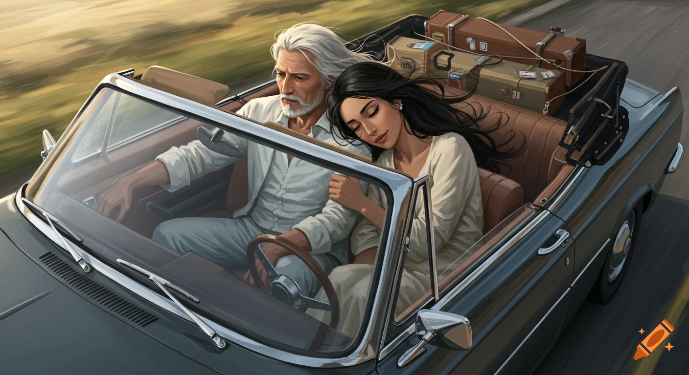 An illustration of a silver-haired man driving a vintage convertible with a black-haired woman resting on his shoulder, luggage in the back.