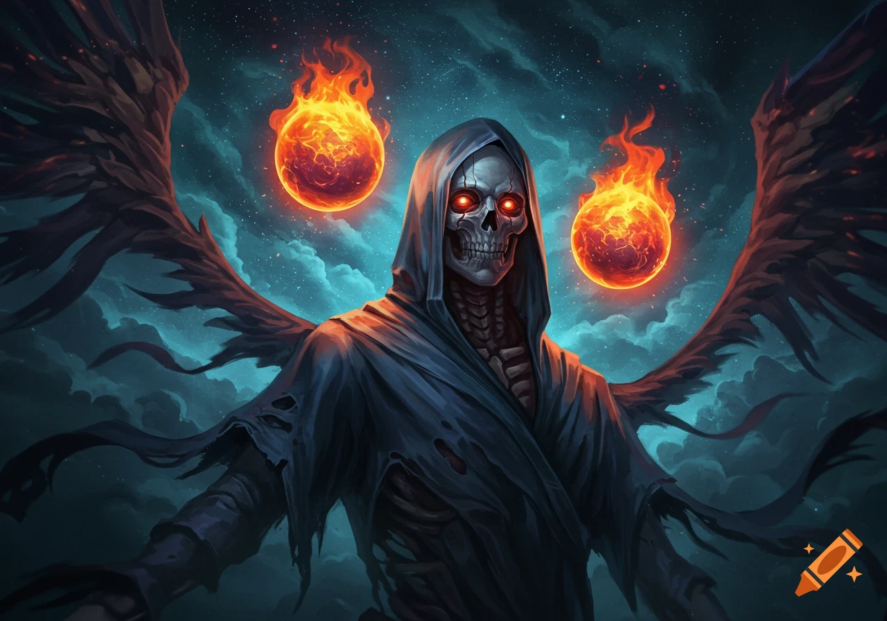 A dark, skeletal figure in a hooded cloak with large wings and glowing red eyes, flanked by two flaming orbs against a starry, cloudy night sky.