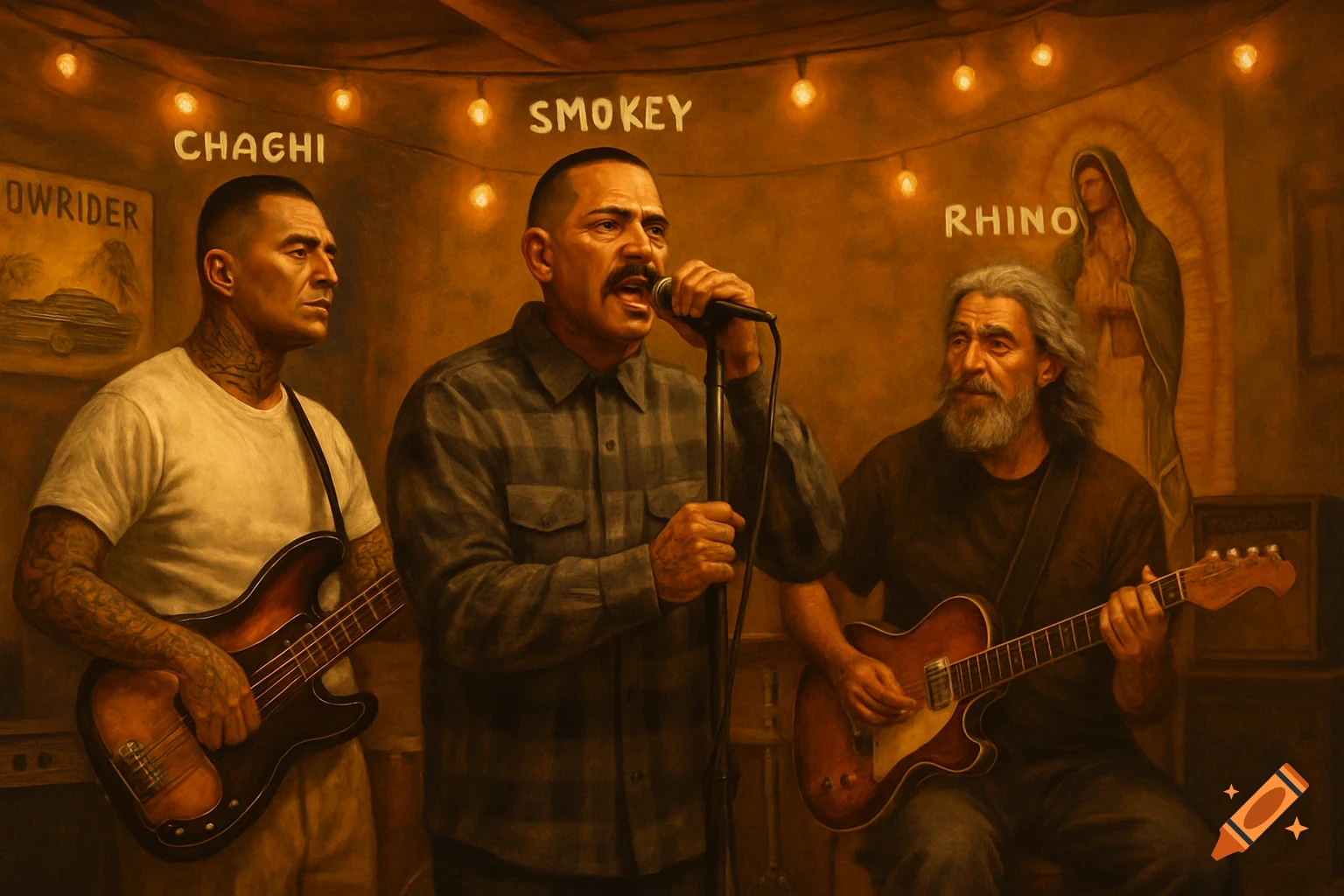 Three Chicano men, Chachi, Smokey, and Rhino, play music in a garage band. A singer, bassist, and guitarist perform under string lights with a lowrider poster and Virgen de Guadalupe art on the wall.