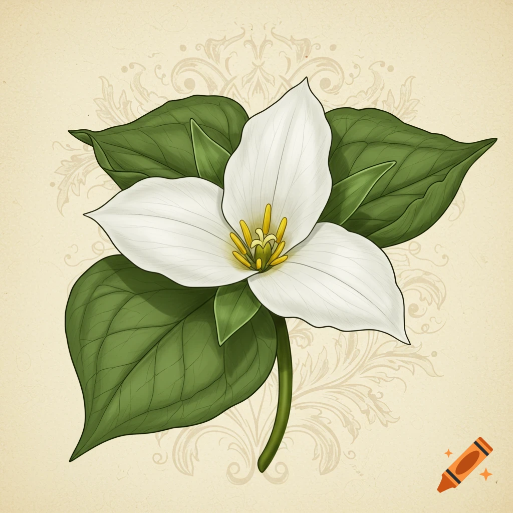 Heraldic illustration of a white trillium flower with yellow center and green leaves on a patterned beige background.