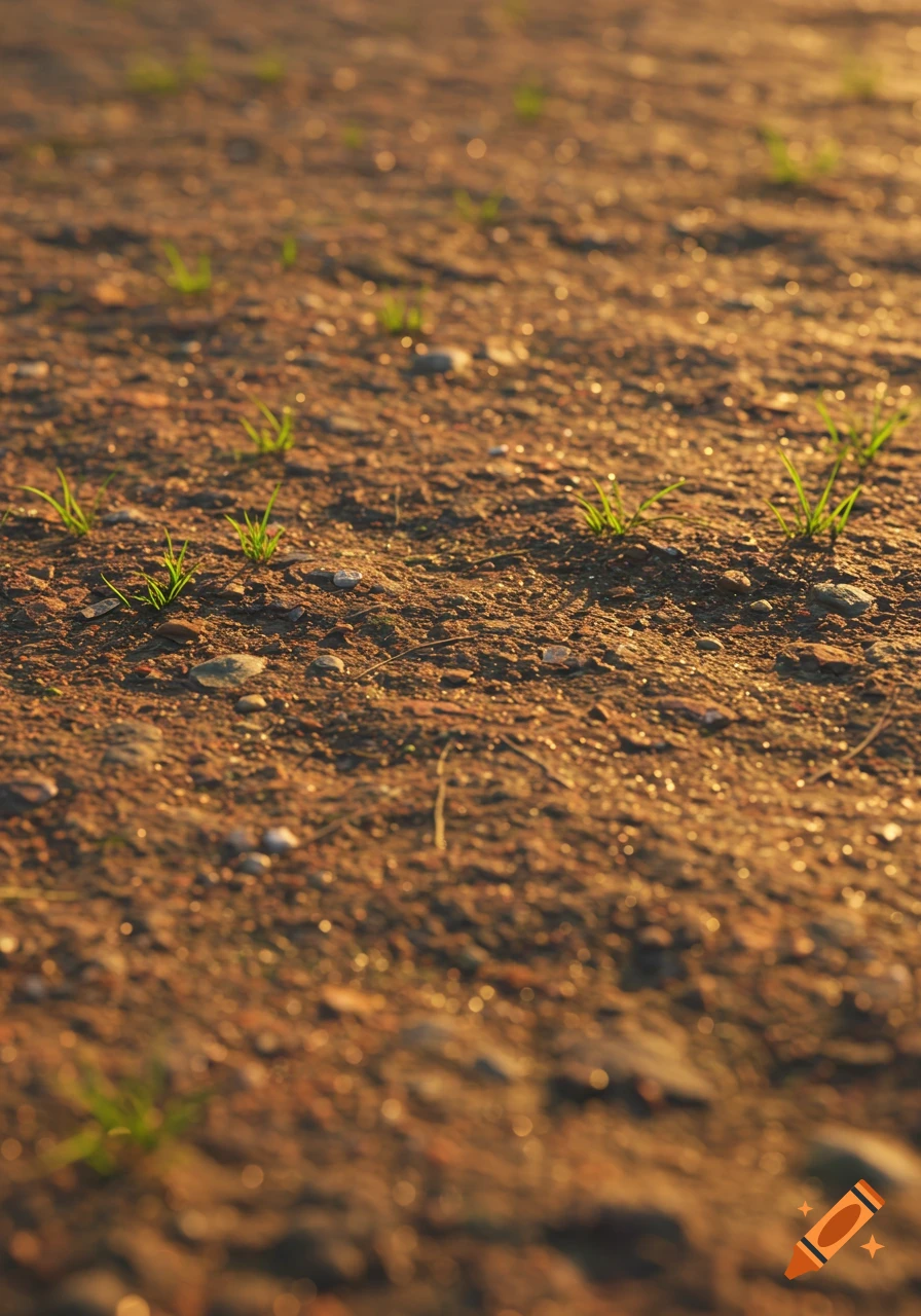 Close-up of sunlit brown soil with tiny green grass sprouts and small pebbles, shallow depth of field.