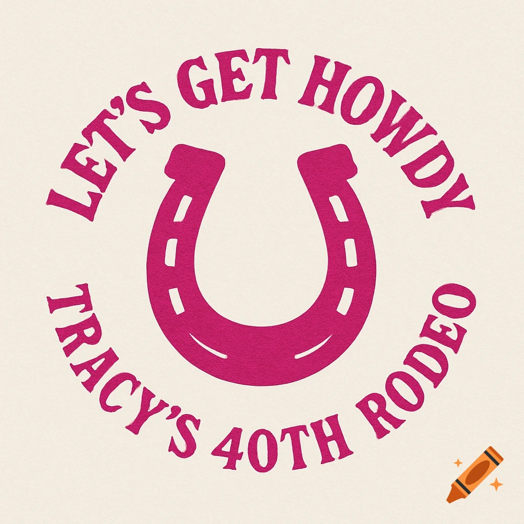 Circular bright pink logo with a horseshoe in the center. Text reads 'Let's Get Howdy' above the horseshoe and 'Tracy's 40th Rodeo' below it, on a light background.