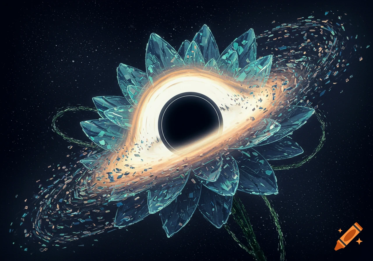 A stylized black hole surrounded by glowing, crystalline flower petals and scattered data shards in a cosmic setting.